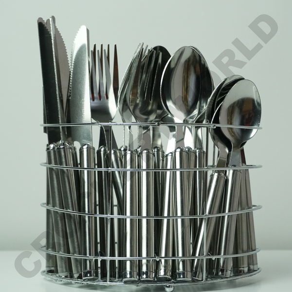 24PC Cutlery Dinner Set Stainless Steel Luxury Metal Stand Rack Tea Spoons Fork