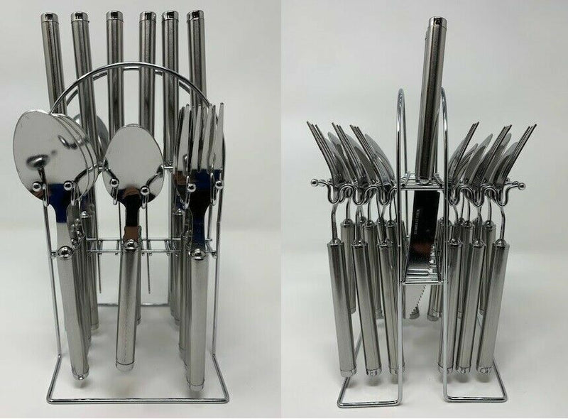 24PC Cutlery Dinner Set Stainless Steel Luxury Metal Stand Rack Tea Spoons Fork