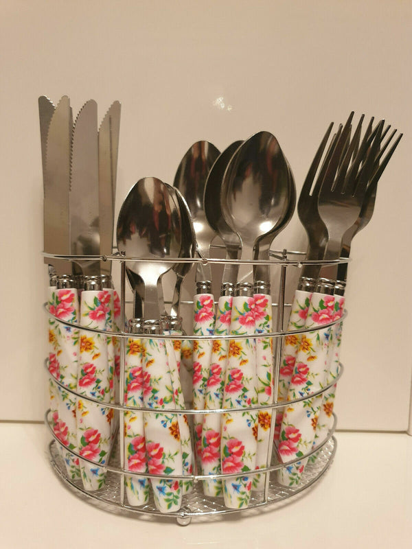 24PC Flower Cutlery Dinner Set Stainless Steel Stand Rack Tea Spoons Fork Floral