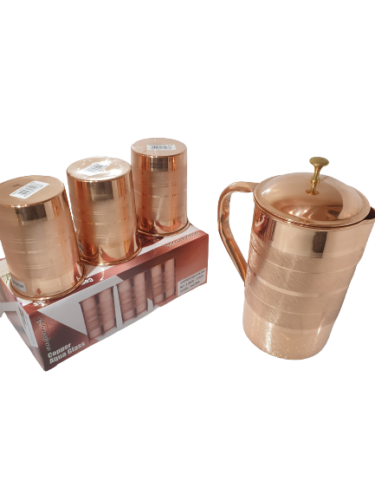 Pure Copper Indian Jug with 3 Tumbler Glass Set for Ancient Healing Water Drink