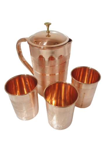 Pure Copper Indian Jug with 3 Tumbler Glass Set for Ancient Healing Water Drink