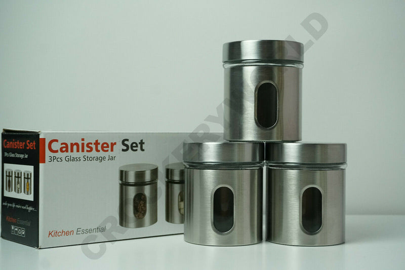 SET OF 3 KITCHEN STAINLESS STEEL TEA COFFEE CANISTERS STORAGE GLASS SUGAR