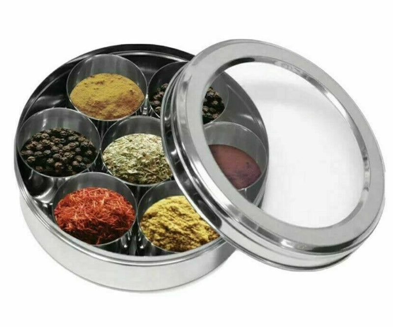 LARGE MASALA DABBA AUTHENTIC SPICES BOX INDIAN SPICE TIN S/STEEL FREE SPOON 7