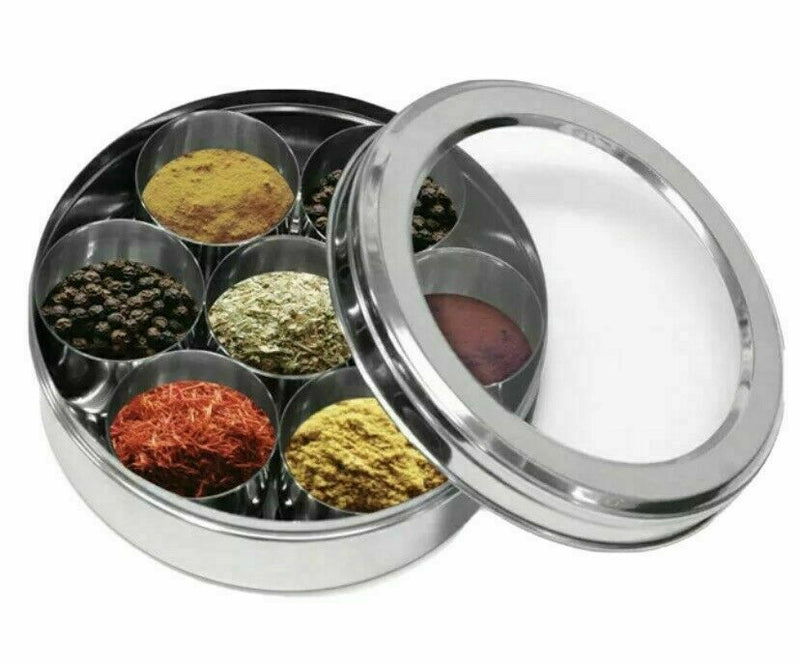 LARGE MASALA DABBA AUTHENTIC SPICES BOX INDIAN SPICE TIN S/STEEL FREE SPOON 7